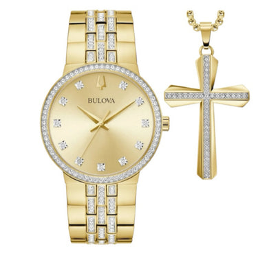 Bulova Crystal Watch and Cross Pendant Set