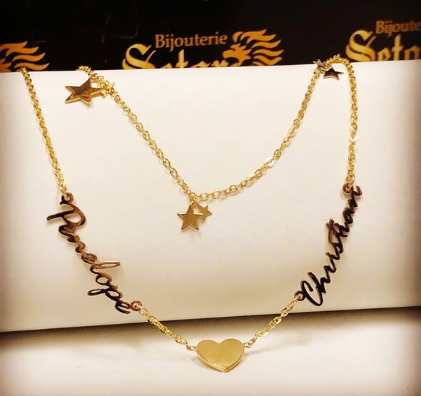 Heart & stars Double chain family necklace NC031 - Bijouterie Setor