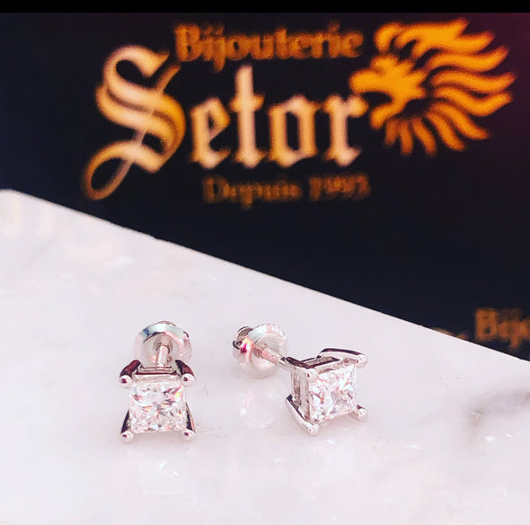 Boucles d'oreilles diamant taille princesse II DE016 - Bijouterie Setor